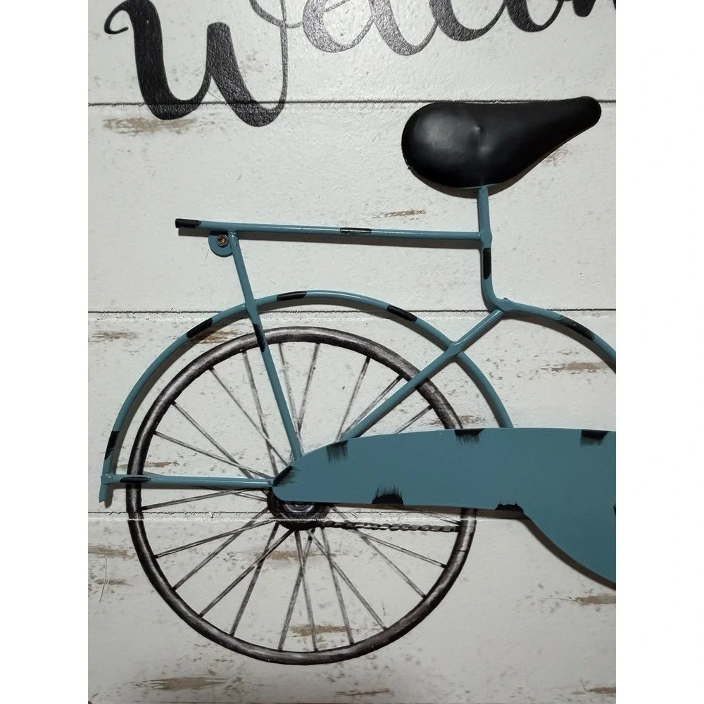 Welcome Antique Old Style Bicycle Metal and Wood Wall Art Wood Sign 15